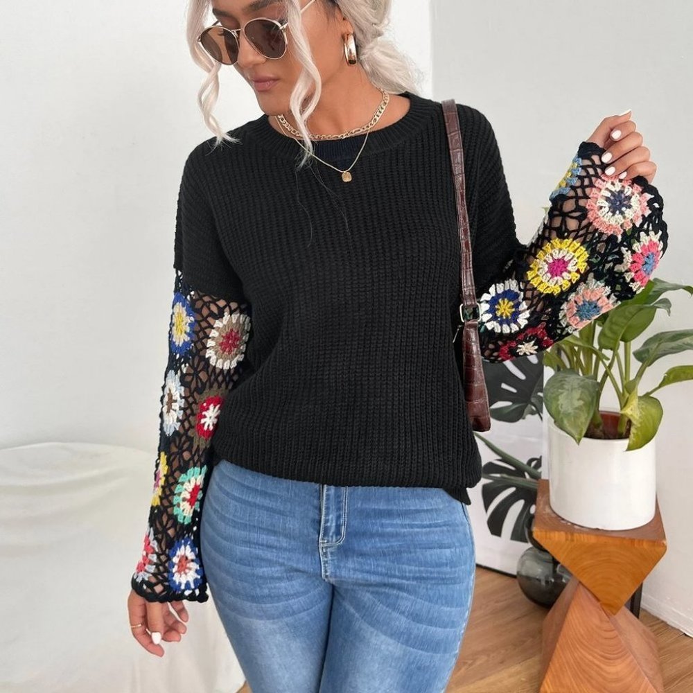 Black Casual Womens Floral Pattern Drop Shoulder Open Knit Sweater - Picture 3 of 4